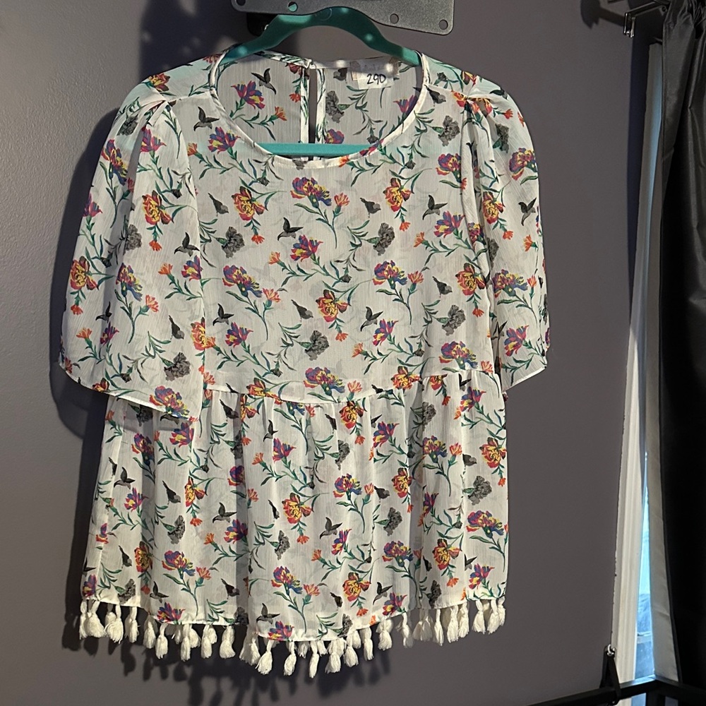 Altar'd State Multicolor Floral Blouse with Tassel Trim